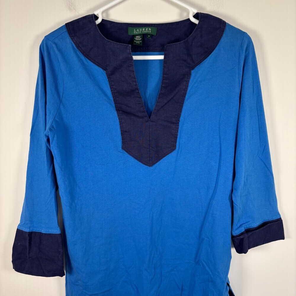LAUREN RALPH LAUREN VNeck Tunic Women's S Royal Navy 3/4 Sleeve 100% Cotton
